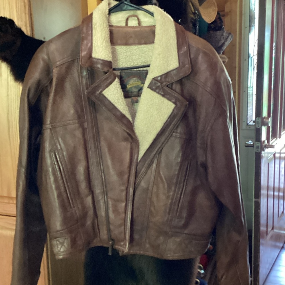 Women's Brown Leather Jacket with Cream Shearling Collar